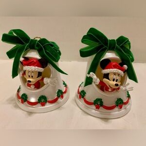 Disney Parks Santa Mickey and Minnie Mouse Bell Sketchbook Ornament. Set of 2